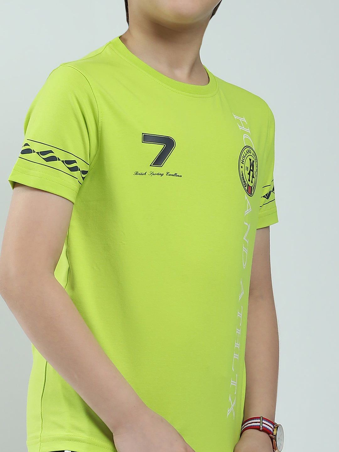 Boys Green Printed Round Neck Half Sleeve T-Shirt