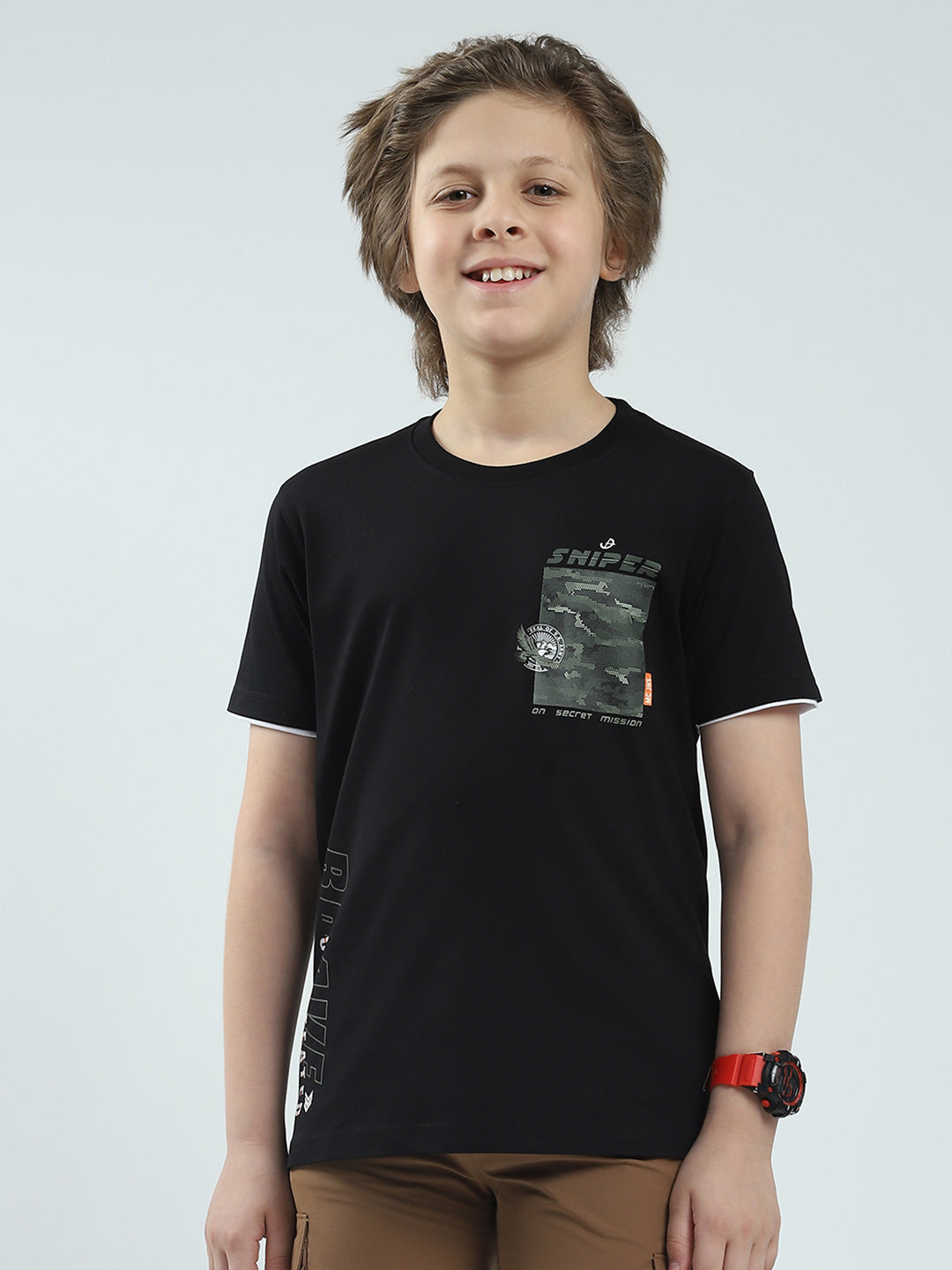 Boys Black Printed Round Neck Half Sleeve T-Shirt