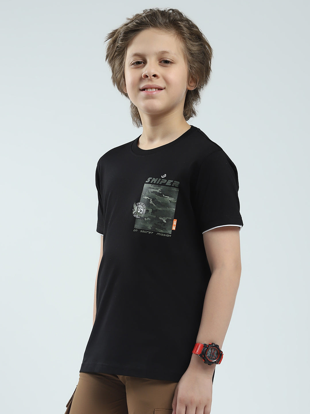 Boys Black Printed Round Neck Half Sleeve T-Shirt