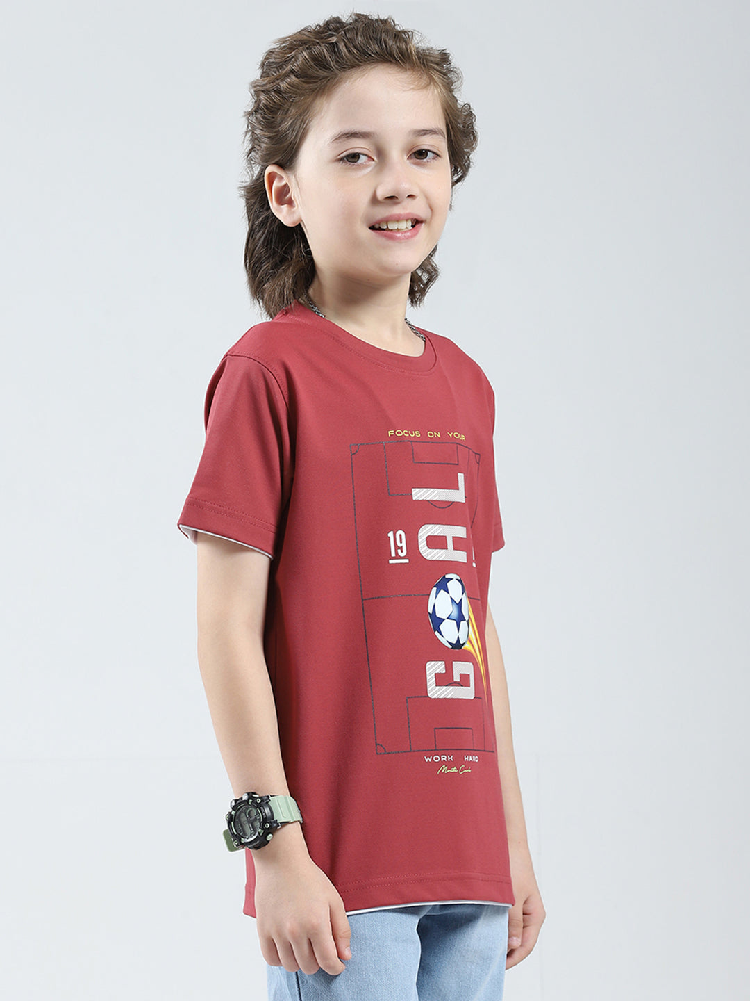 Boys Pink Printed Round Neck Half Sleeve T-Shirt