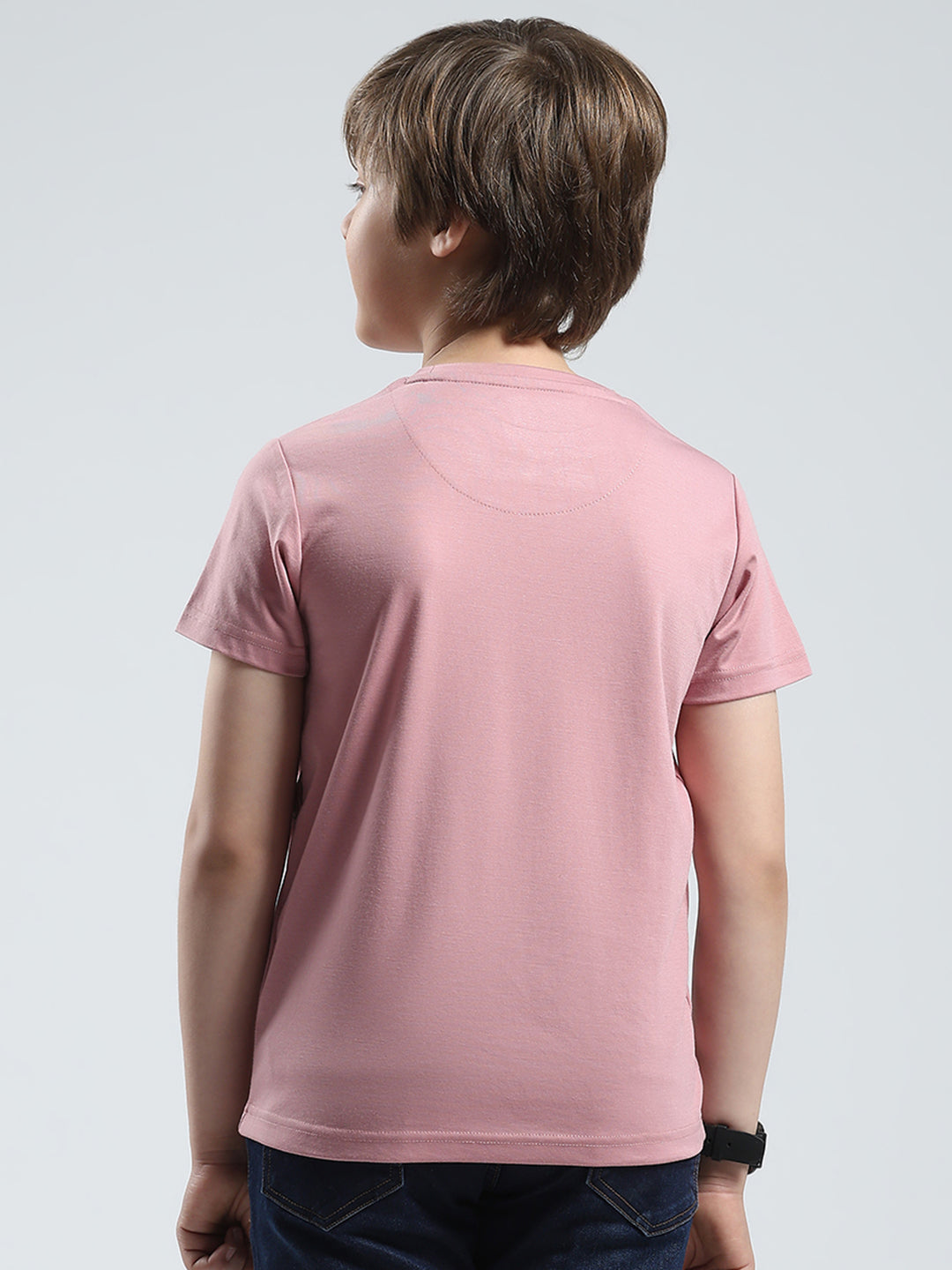 Boys Peach Printed Round Neck Half Sleeve T-Shirt