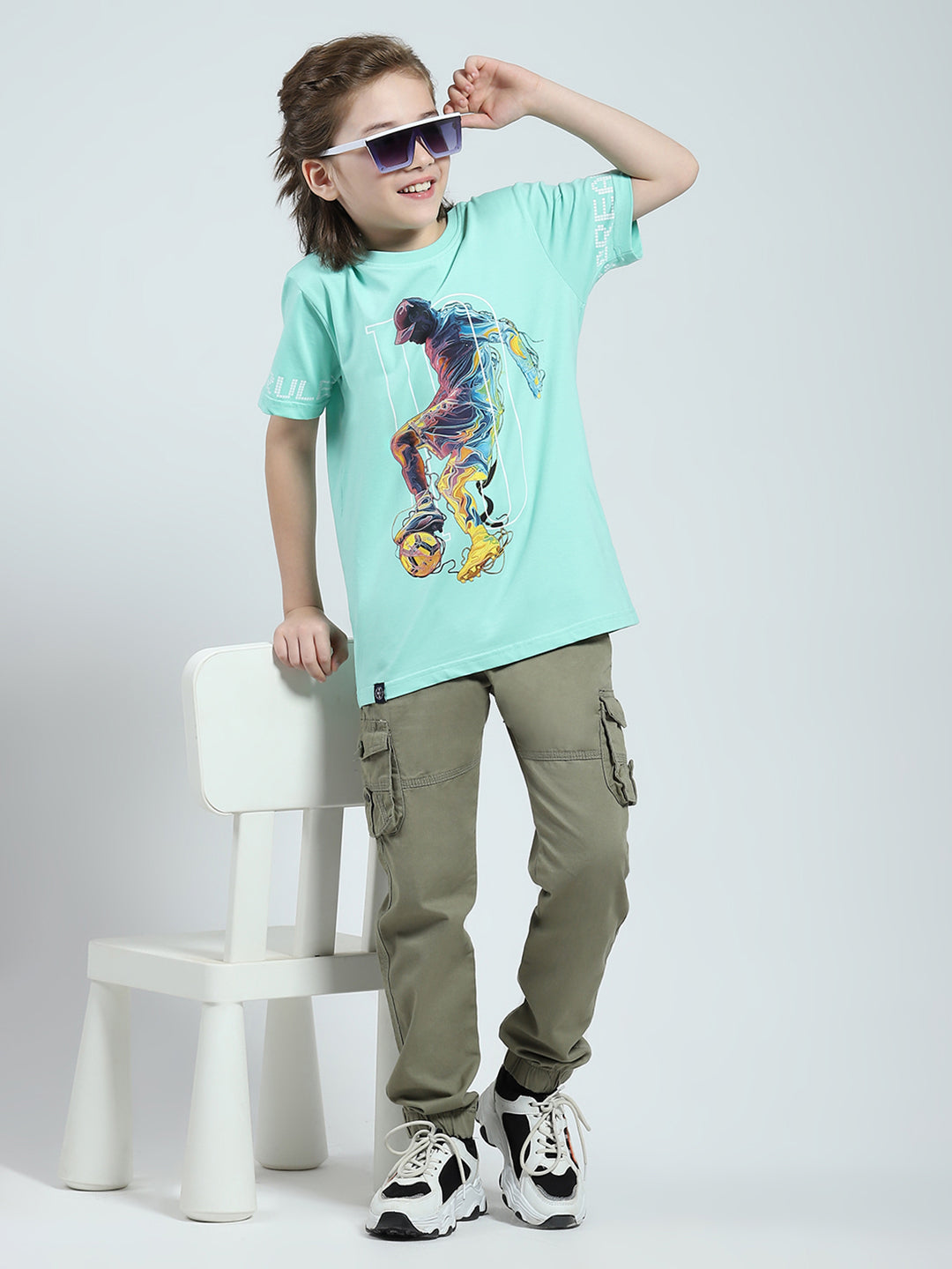 Boys Green Printed Round Neck Half Sleeve T-Shirt