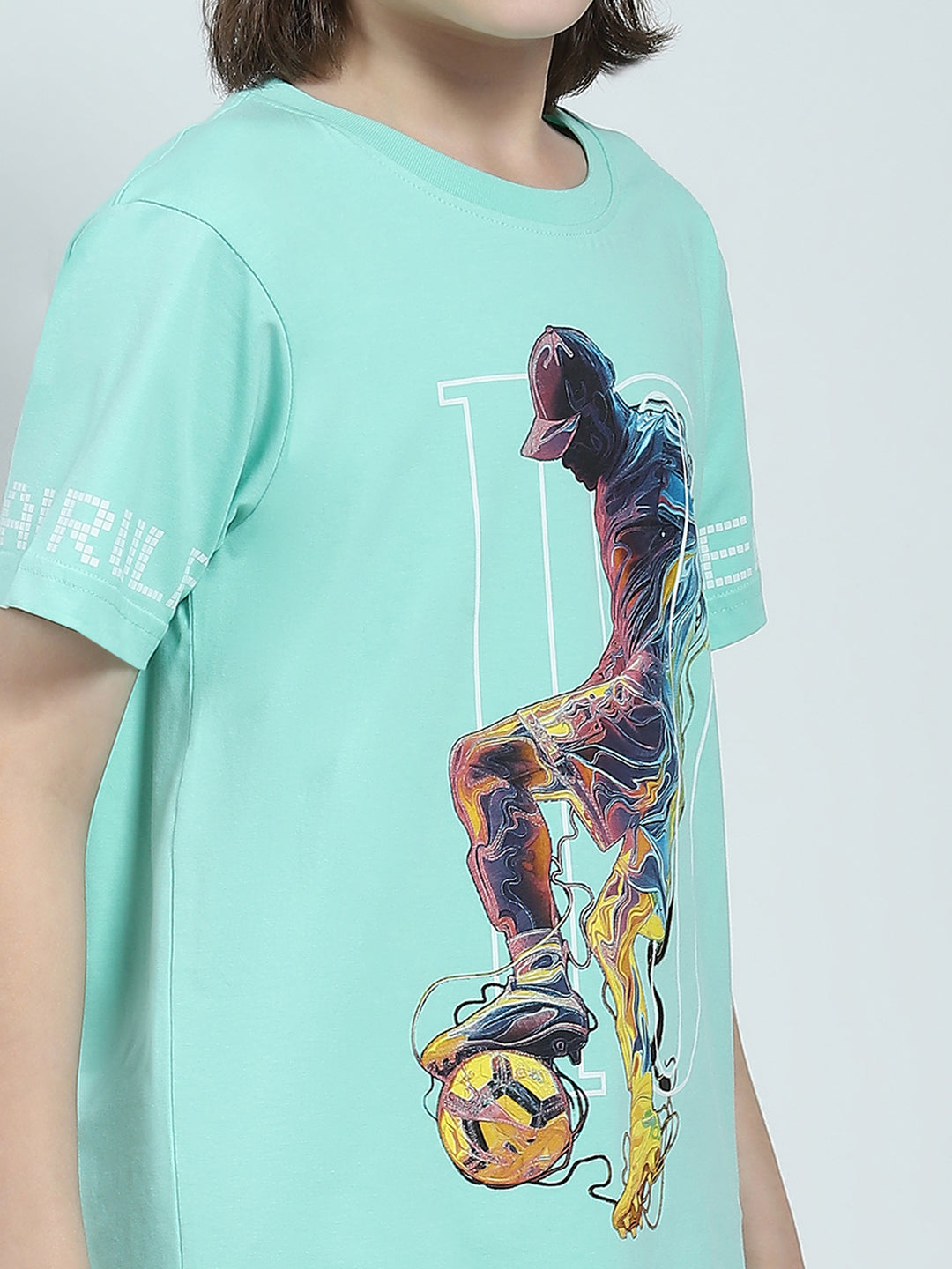 Boys Green Printed Round Neck Half Sleeve T-Shirt