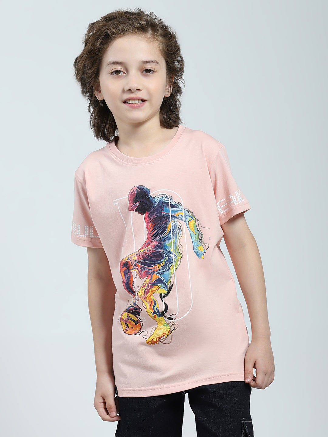 Boys Peach Printed Round Neck Half Sleeve T-Shirt