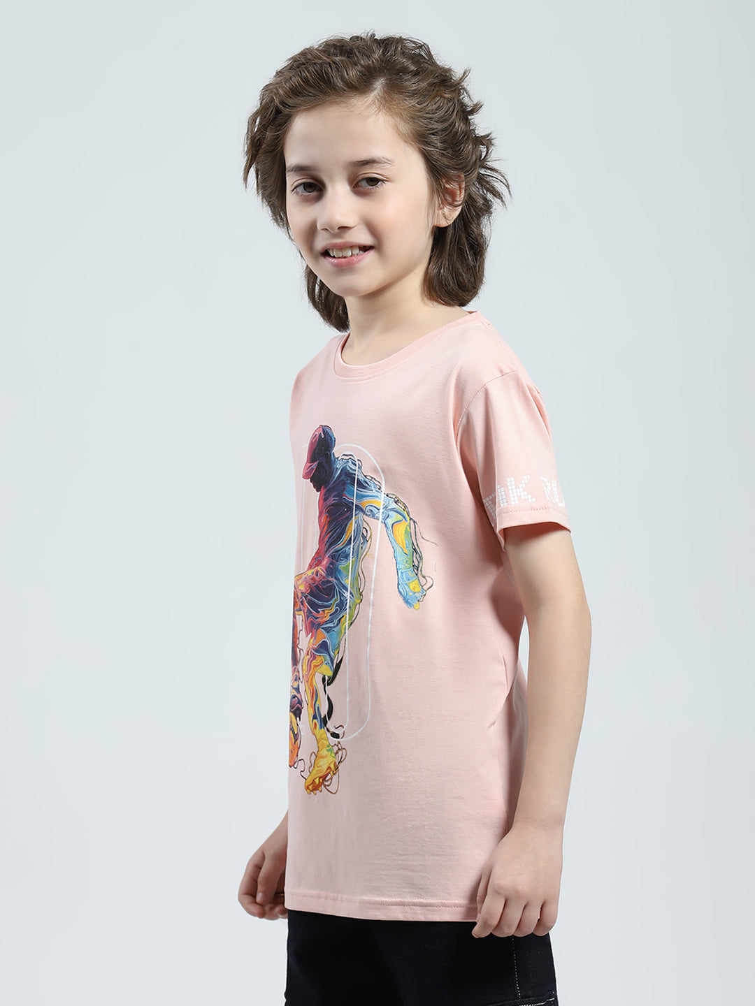 Boys Peach Printed Round Neck Half Sleeve T-Shirt