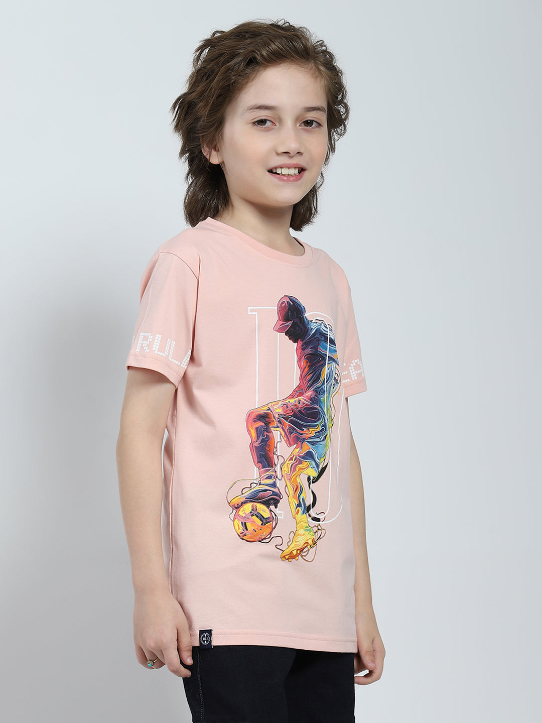 Boys Peach Printed Round Neck Half Sleeve T-Shirt