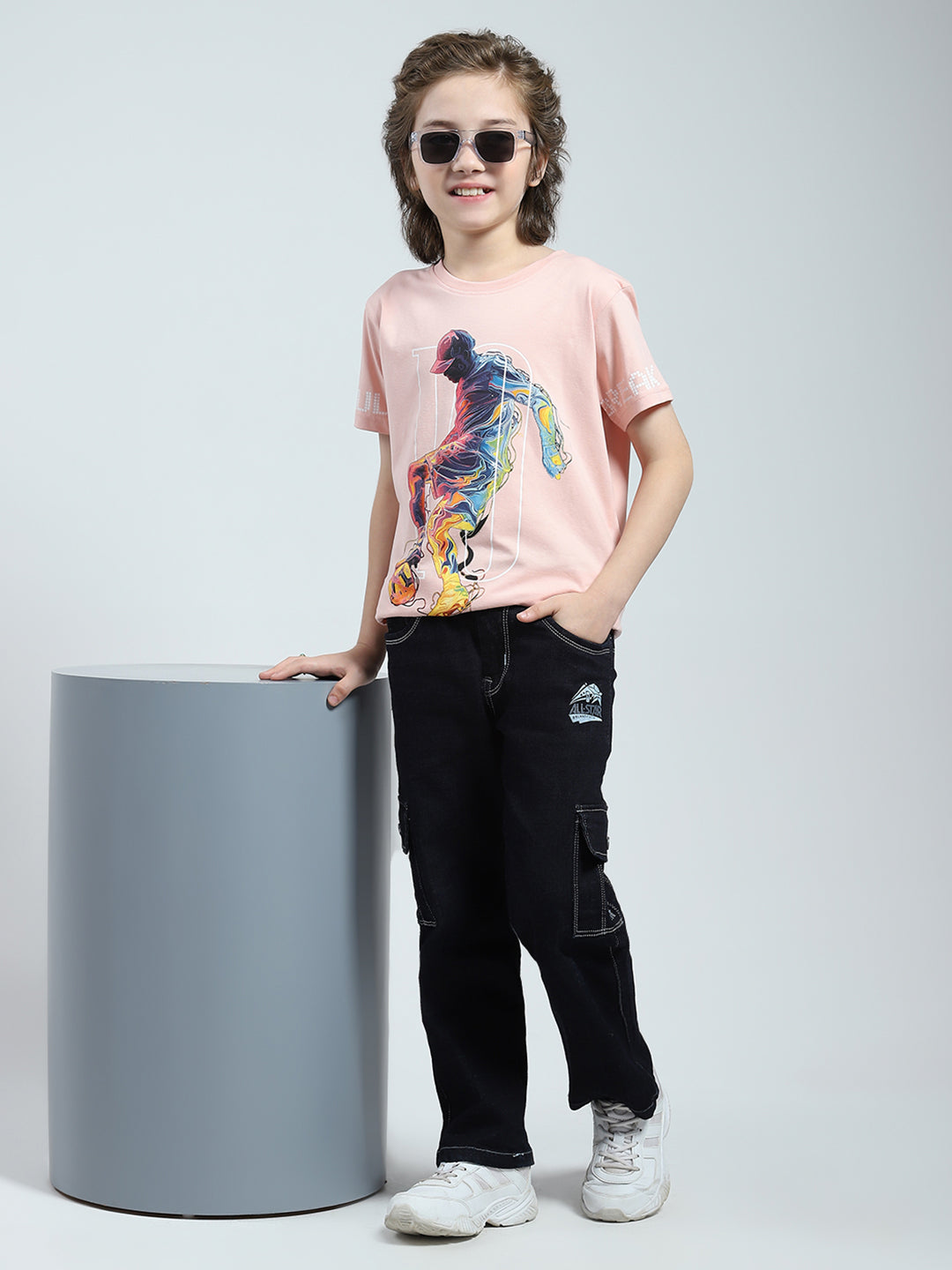 Boys Peach Printed Round Neck Half Sleeve T-Shirt