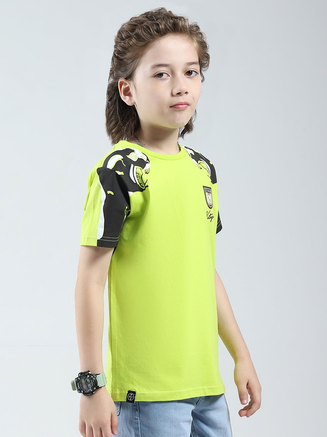 Boys Green Self Design Round Neck Half Sleeve T-Shirt