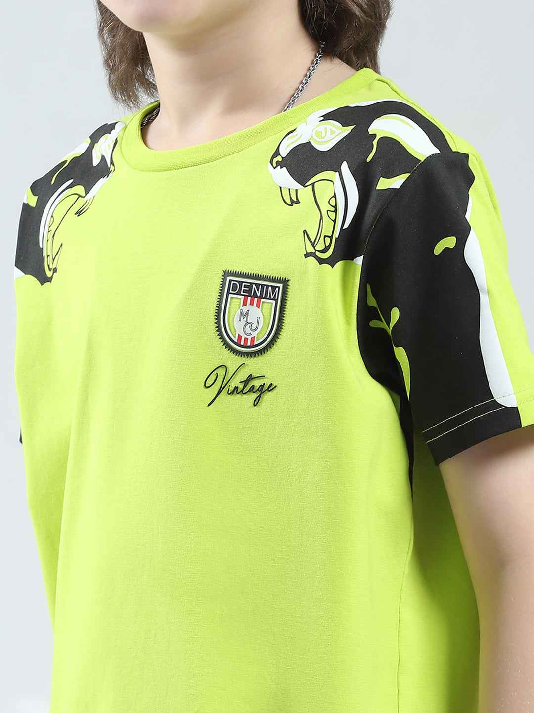 Boys Green Self Design Round Neck Half Sleeve T-Shirt