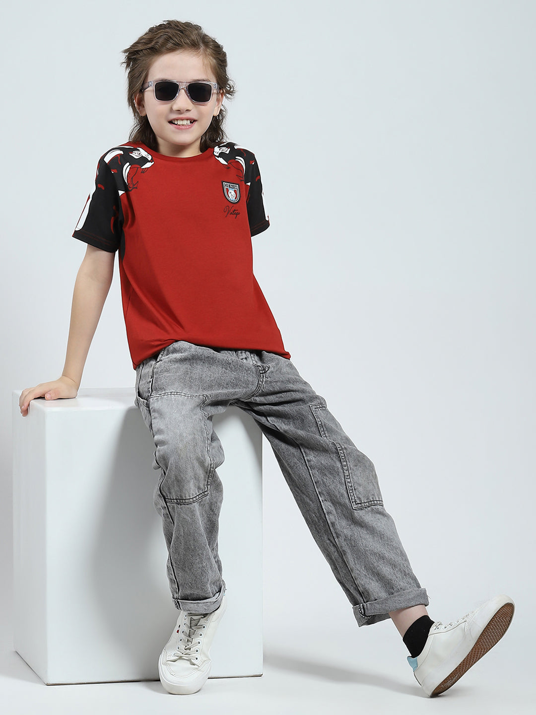 Boys Rust Printed Round Neck Half Sleeve T-Shirt