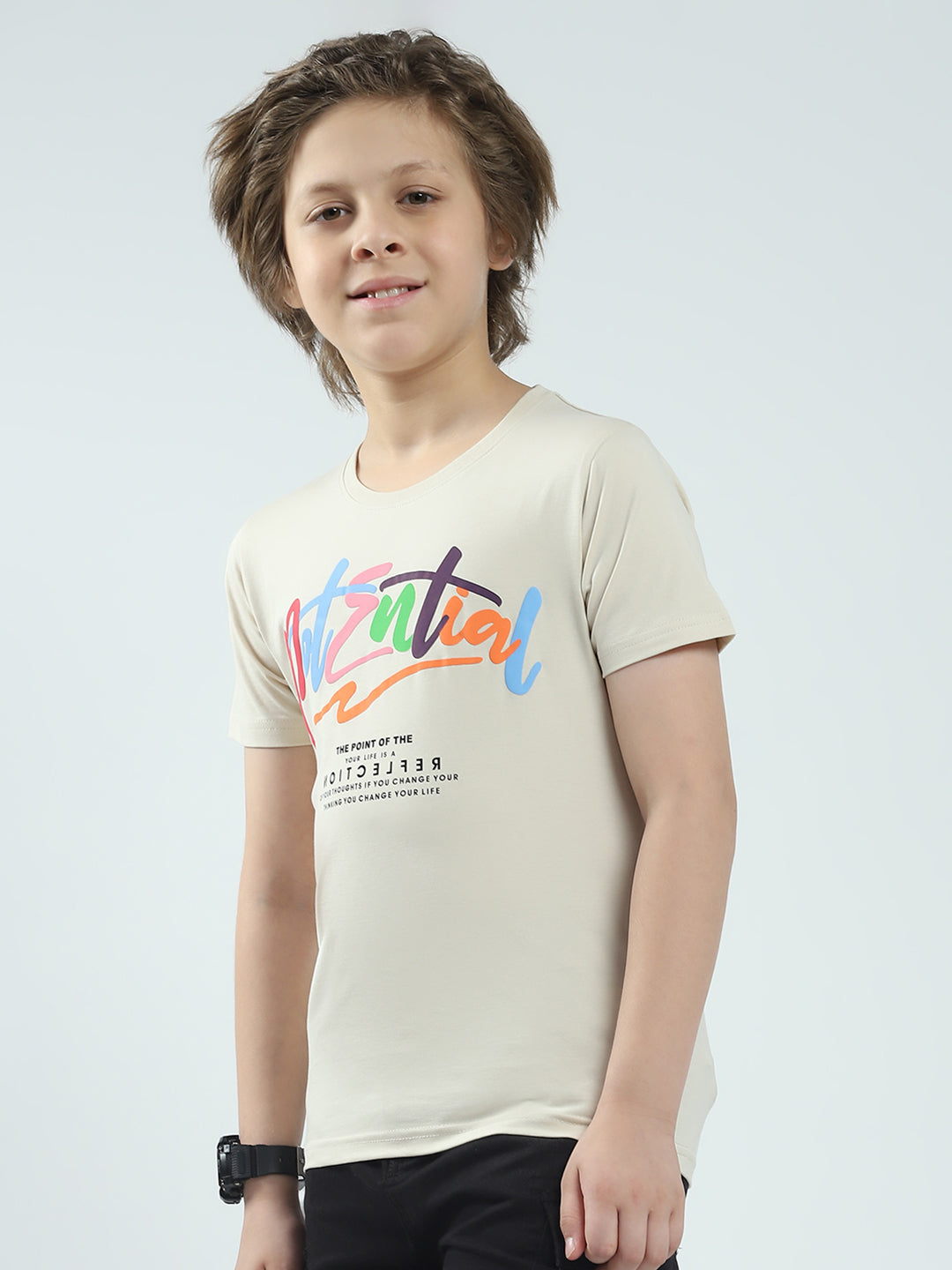 Boys Beige Printed Round Neck Half Sleeve T-Shirt