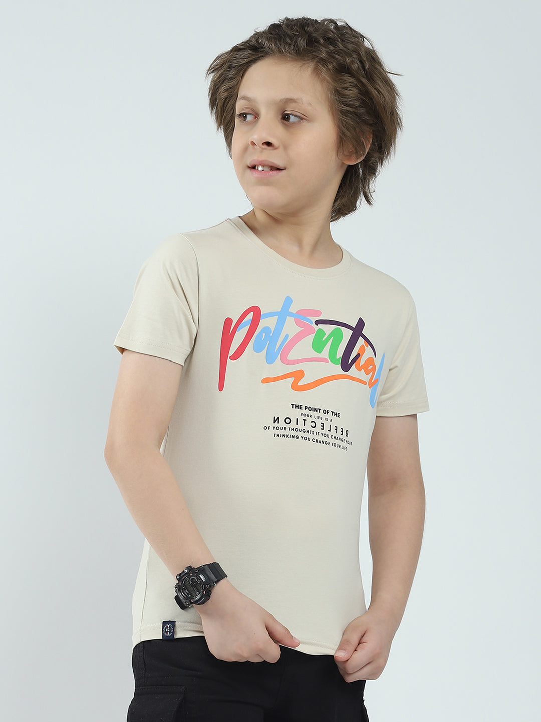 Boys Beige Printed Round Neck Half Sleeve T-Shirt