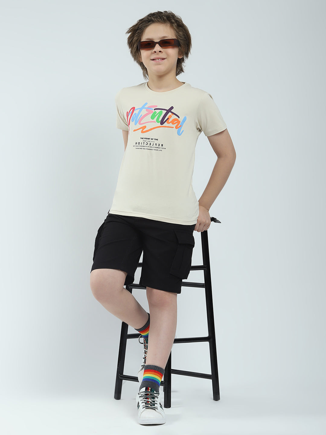 Boys Beige Printed Round Neck Half Sleeve T-Shirt