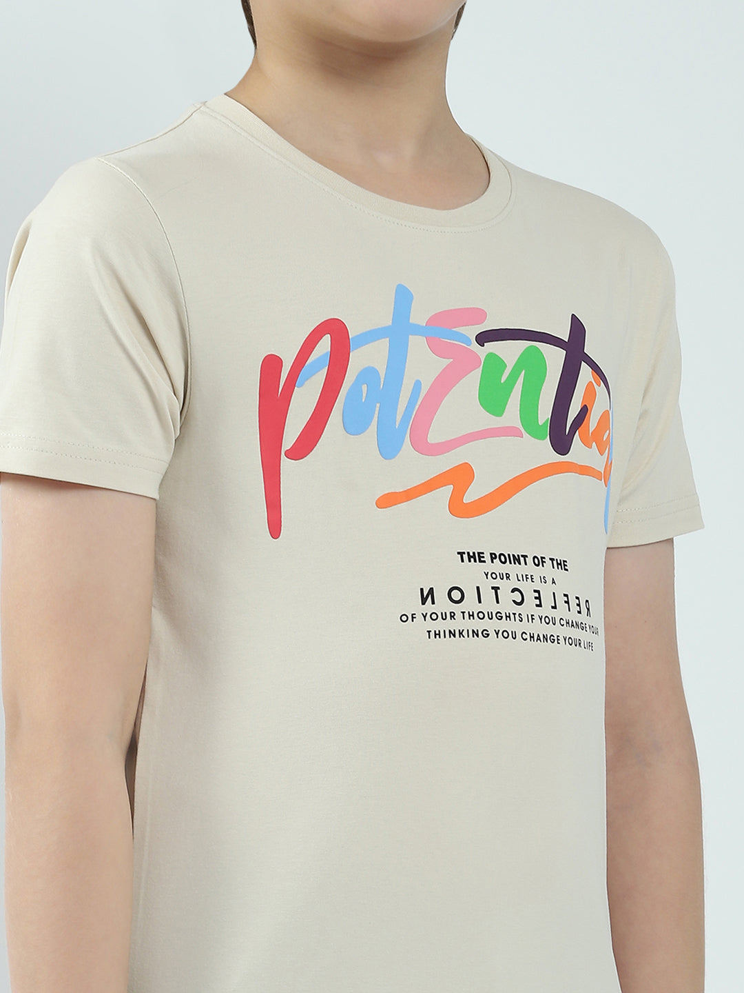 Boys Beige Printed Round Neck Half Sleeve T-Shirt