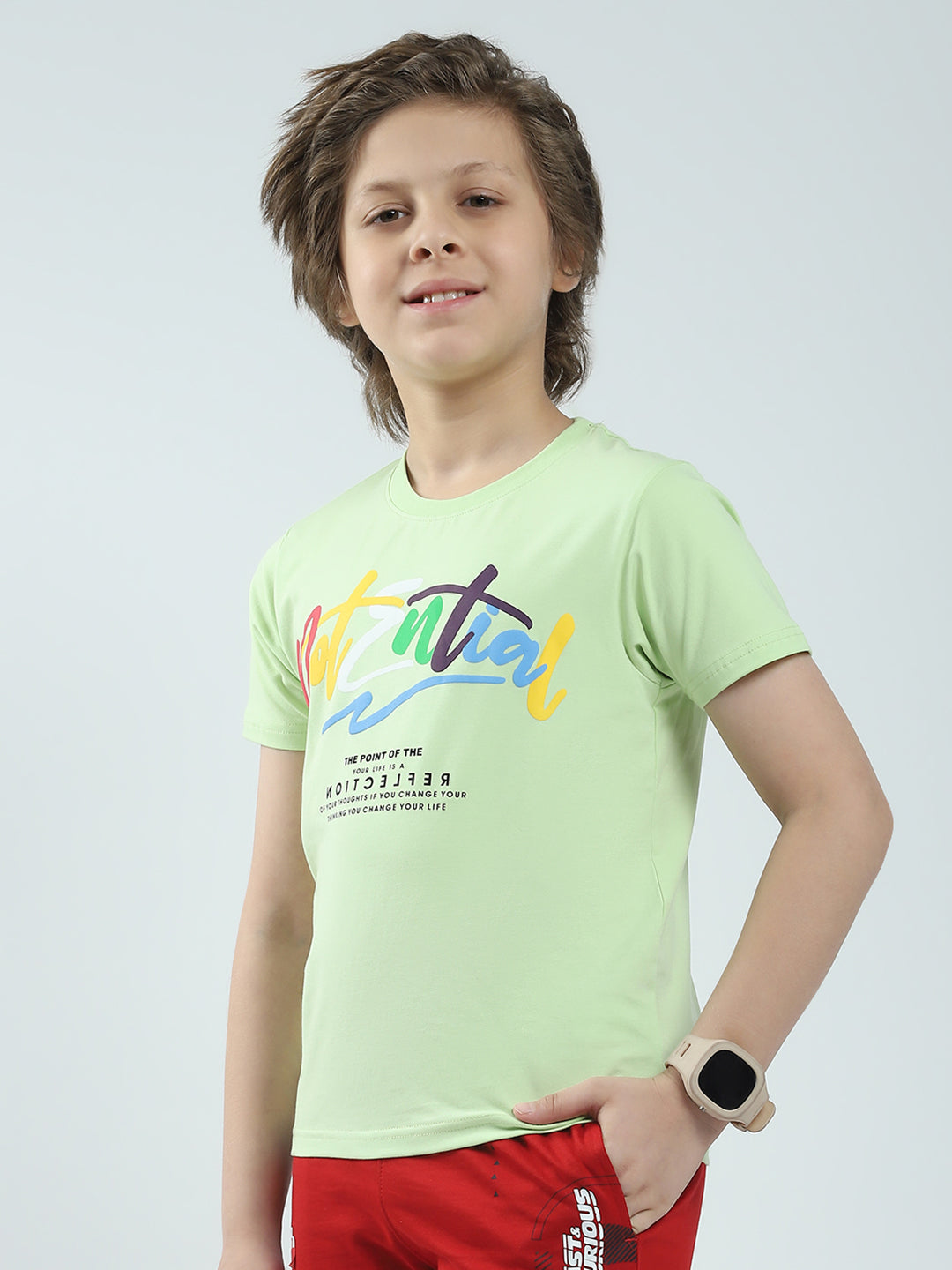 Boys Green Printed Round Neck Half Sleeve T-Shirt
