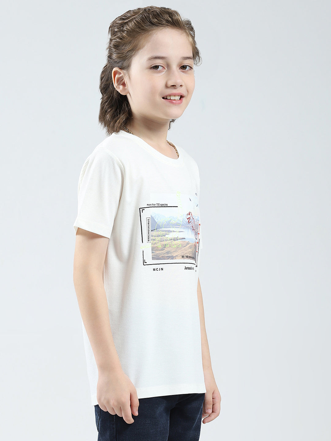 Boys White Printed Round Neck Half Sleeve T-Shirt