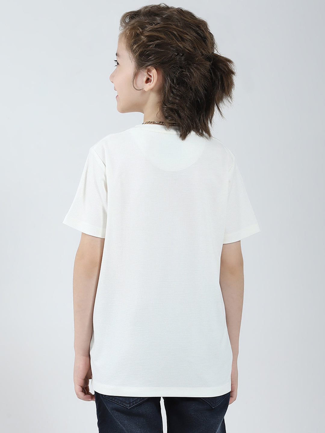 Boys White Printed Round Neck Half Sleeve T-Shirt