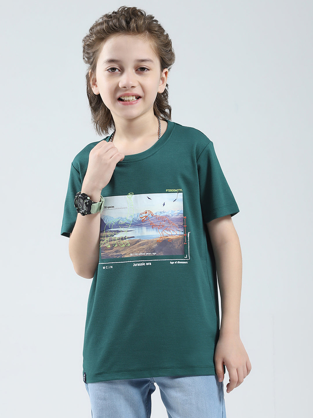 Boys Green Printed Round Neck Half Sleeve T-Shirt