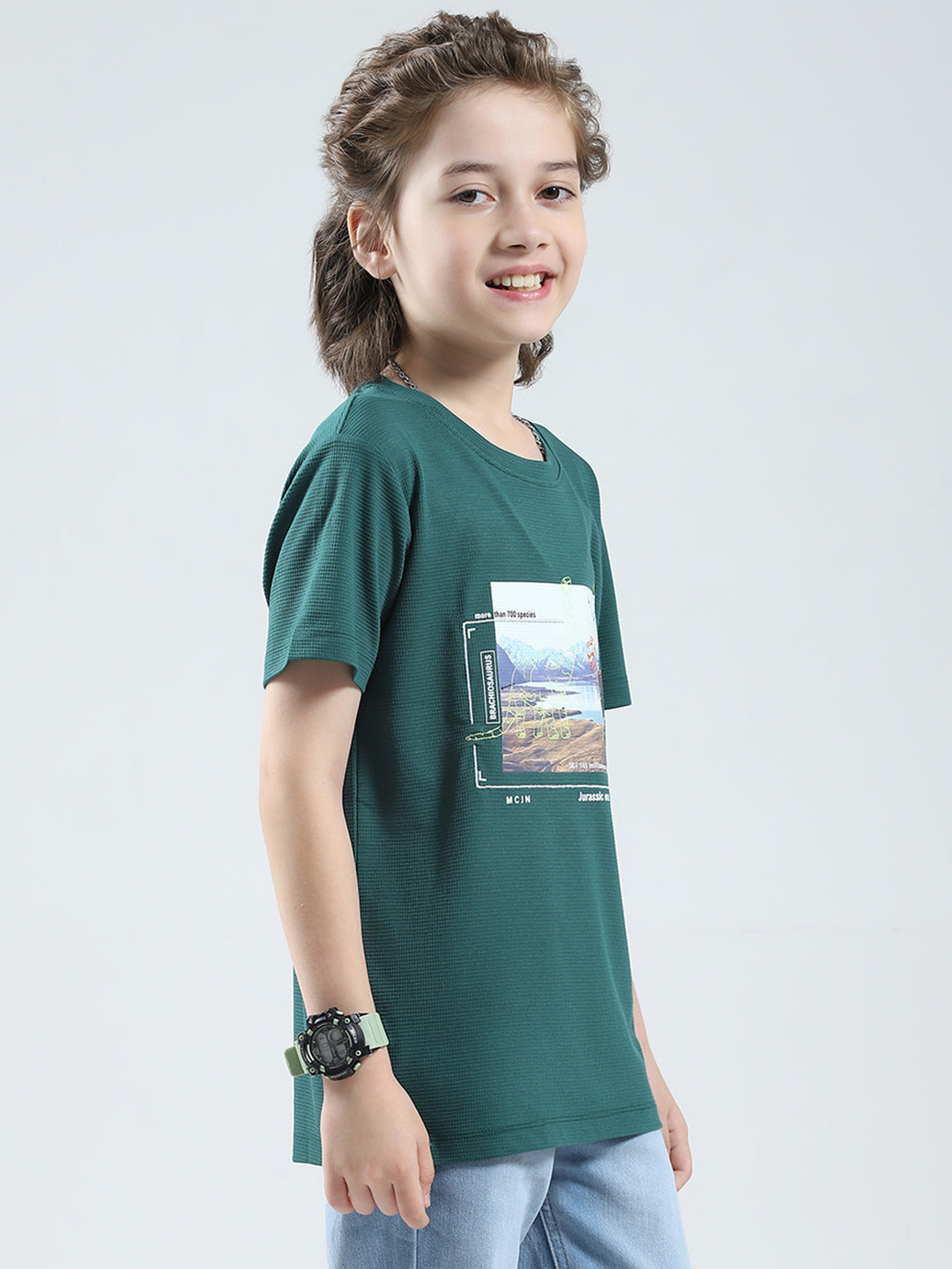 Boys Green Printed Round Neck Half Sleeve T-Shirt