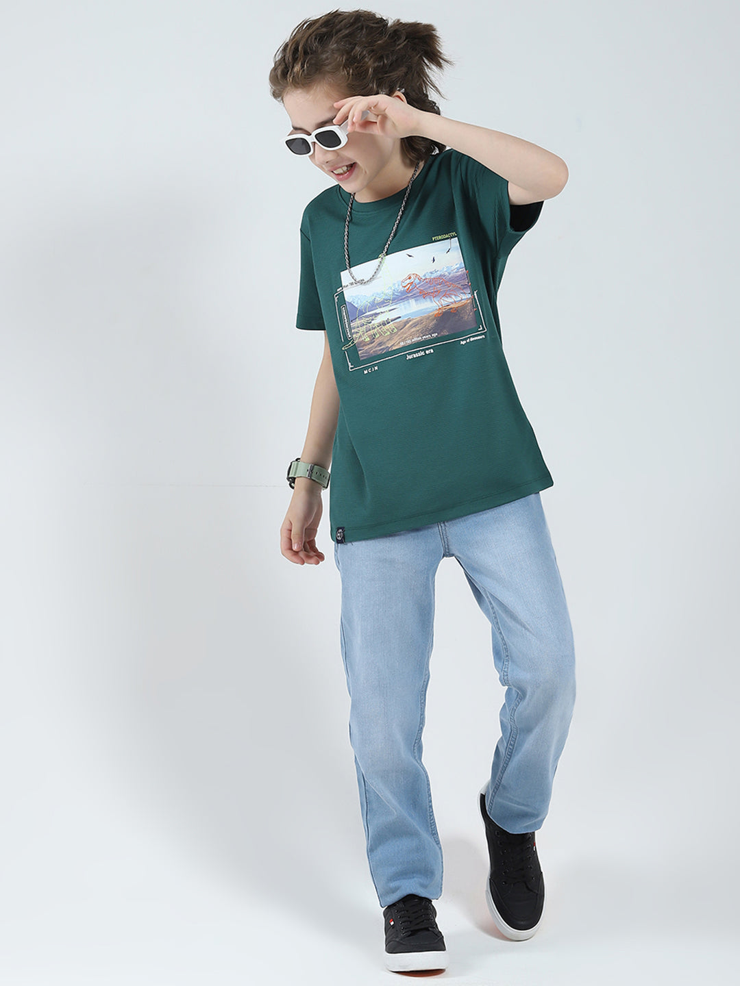 Boys Green Printed Round Neck Half Sleeve T-Shirt