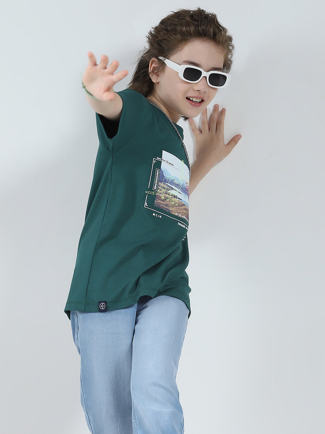 Boys Green Printed Round Neck Half Sleeve T-Shirt