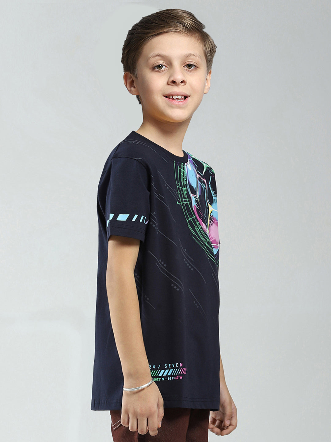 Boys Navy Blue Printed Round Neck Half Sleeve T-Shirt