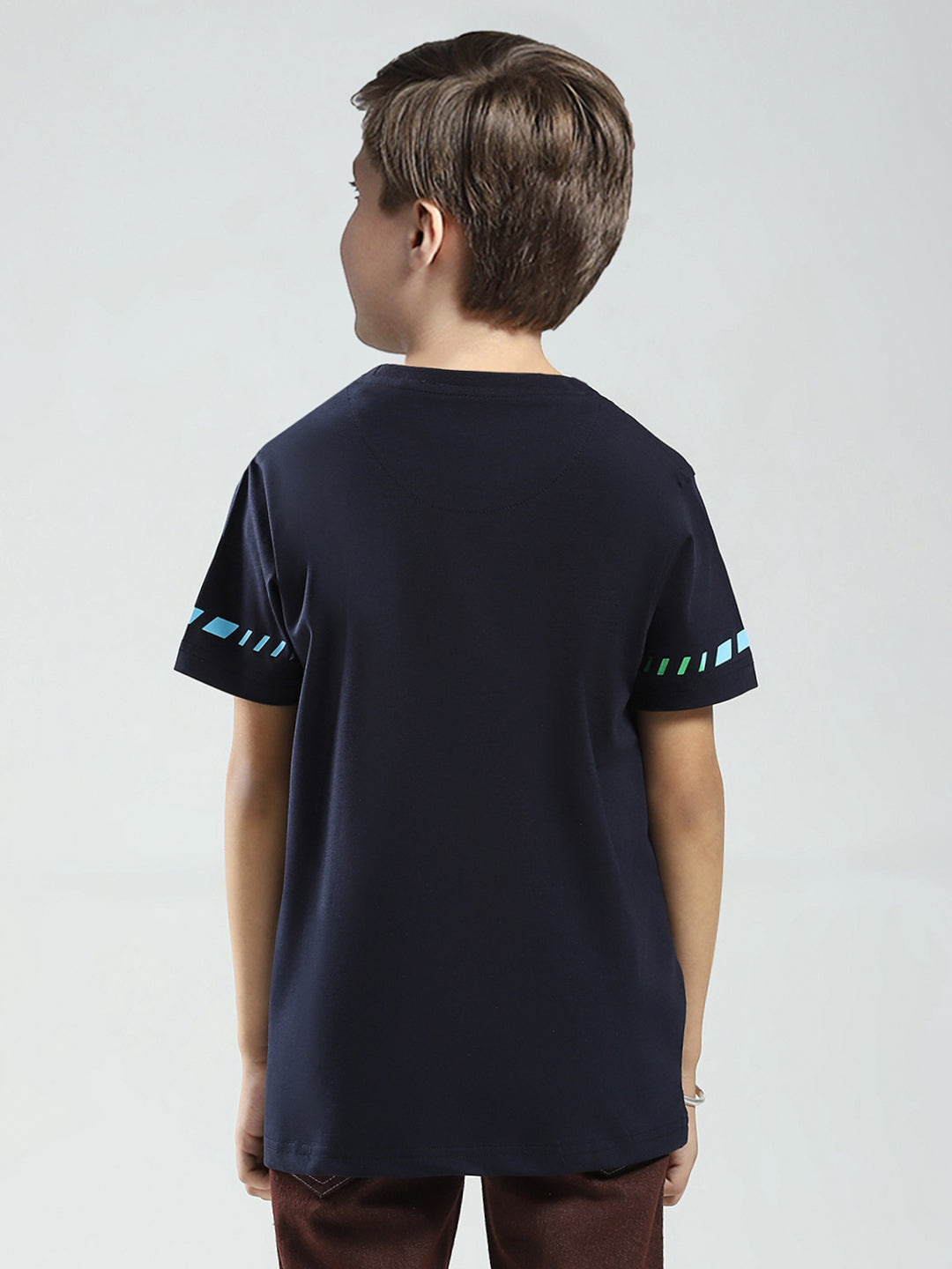 Boys Navy Blue Printed Round Neck Half Sleeve T-Shirt
