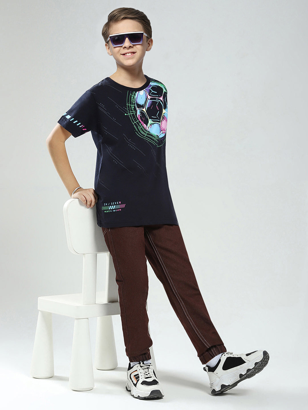 Boys Navy Blue Printed Round Neck Half Sleeve T-Shirt