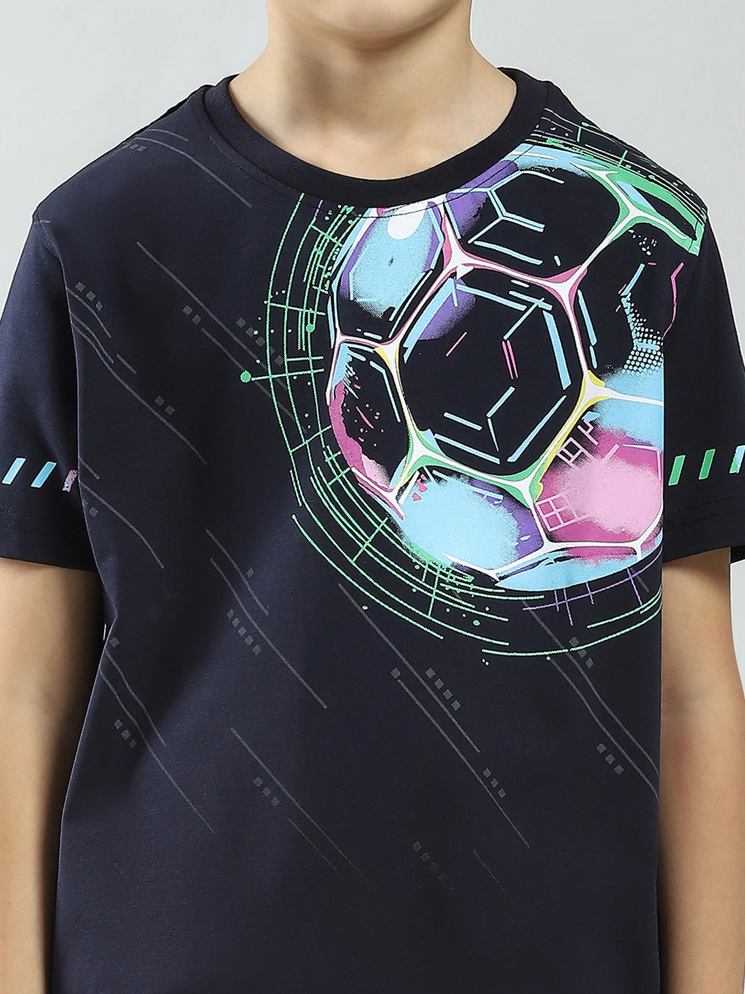 Boys Navy Blue Printed Round Neck Half Sleeve T-Shirt