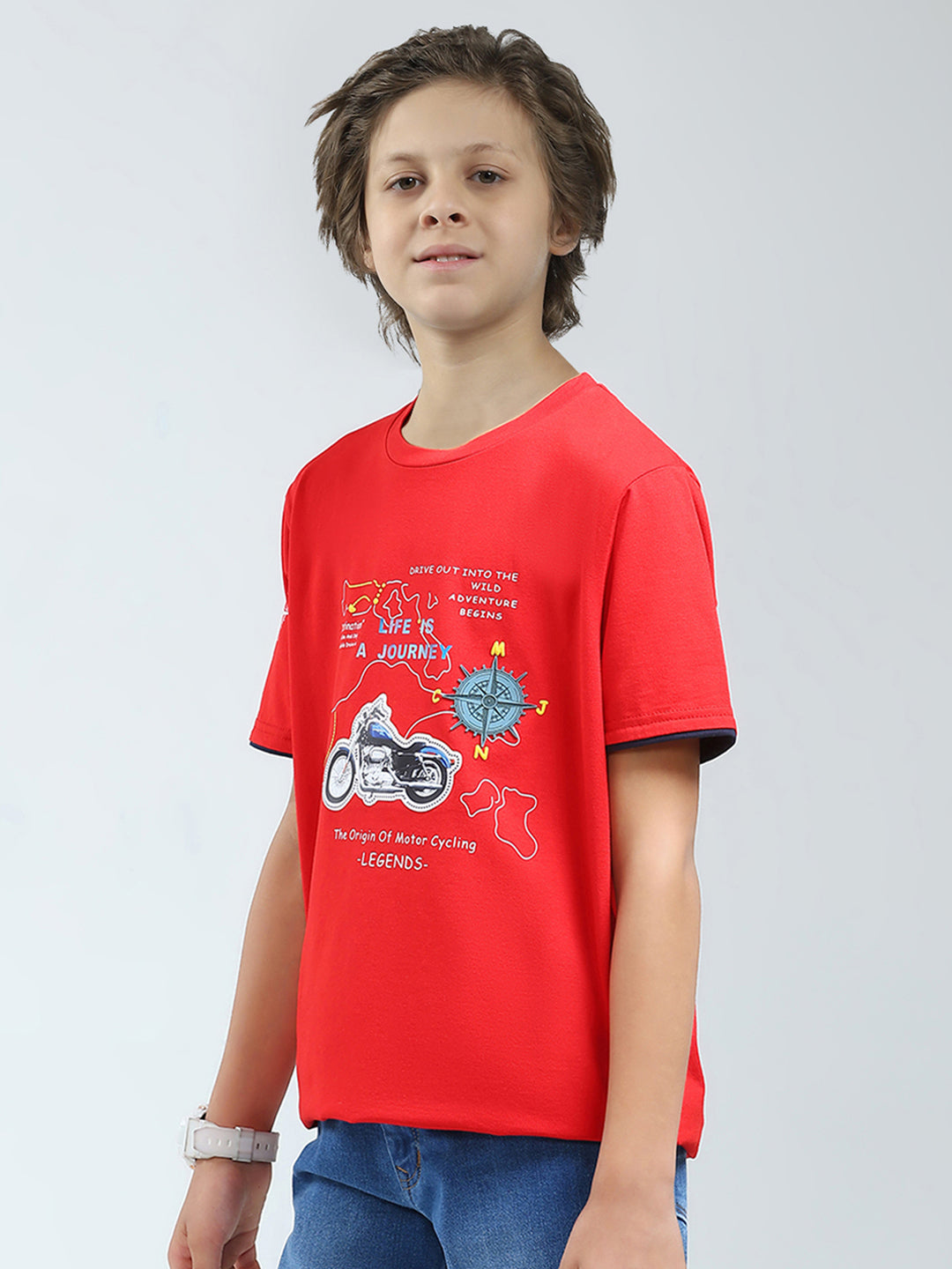 Boys Red Printed Round Neck Half Sleeve T-Shirt