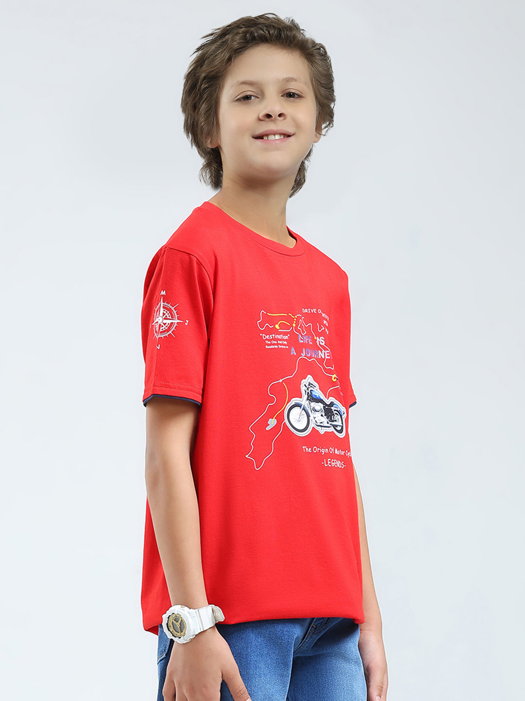 Boys Red Printed Round Neck Half Sleeve T-Shirt