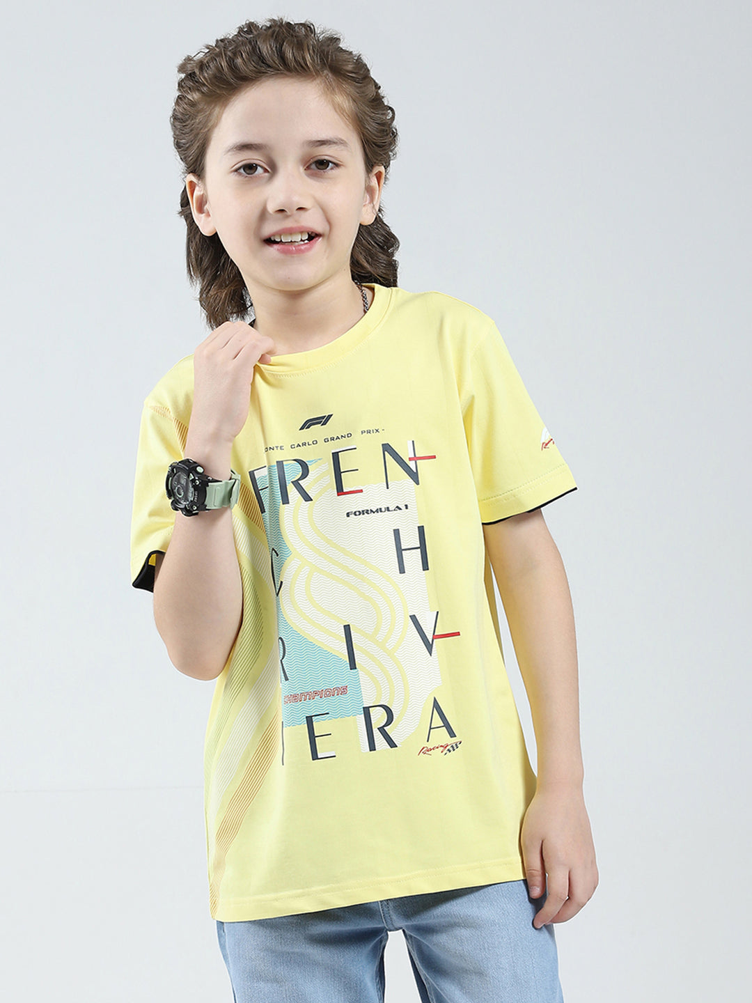 Boys Yellow Printed Round Neck Half Sleeve T-Shirt