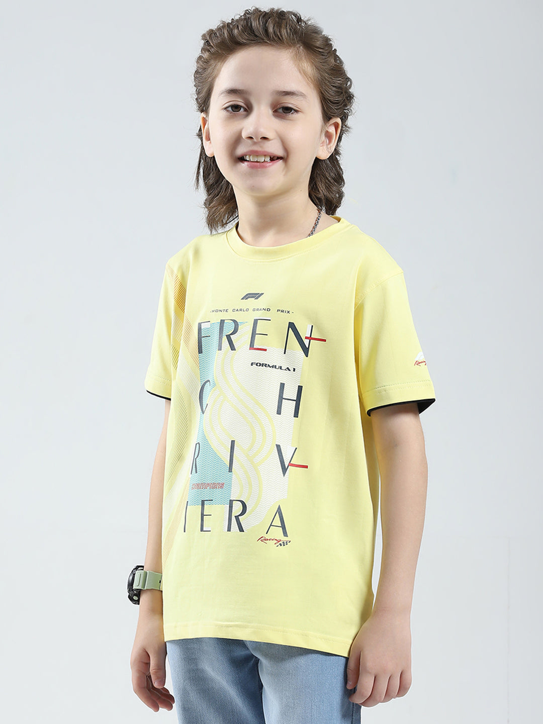 Boys Yellow Printed Round Neck Half Sleeve T-Shirt