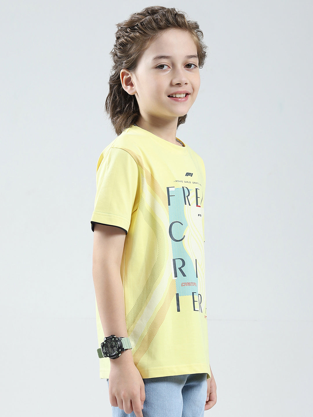 Boys Yellow Printed Round Neck Half Sleeve T-Shirt