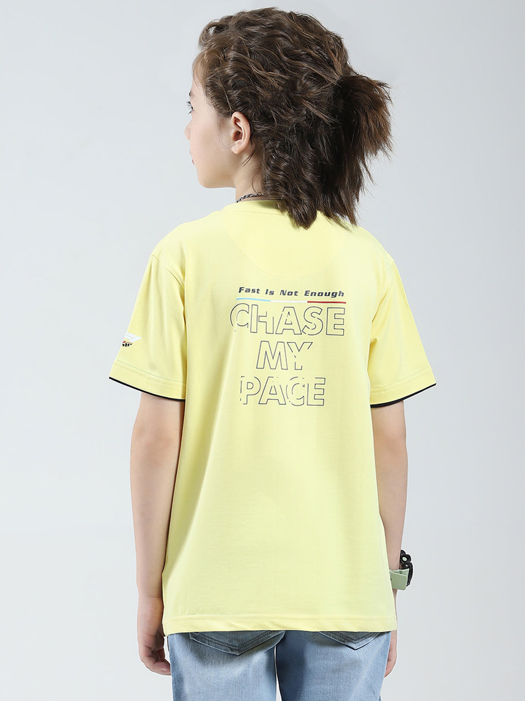 Boys Yellow Printed Round Neck Half Sleeve T-Shirt