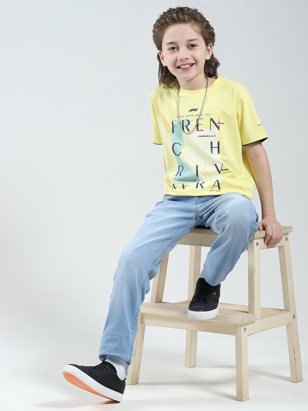 Boys Yellow Printed Round Neck Half Sleeve T-Shirt