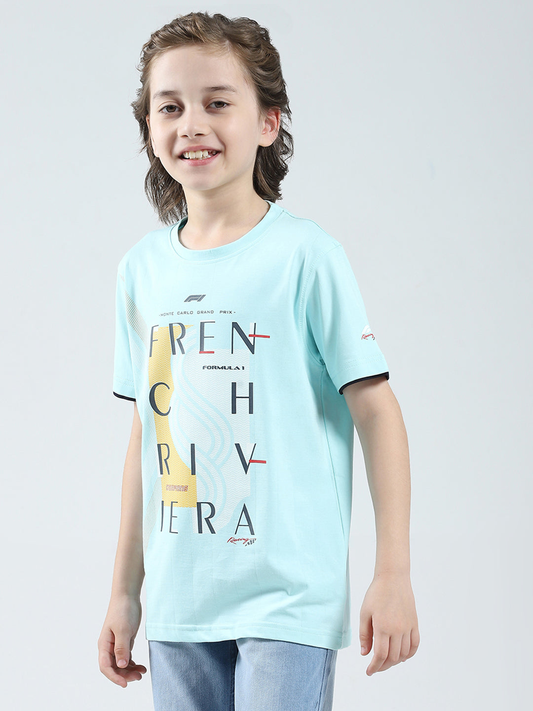 Boys Blue Printed Round Neck Half Sleeve T-Shirt