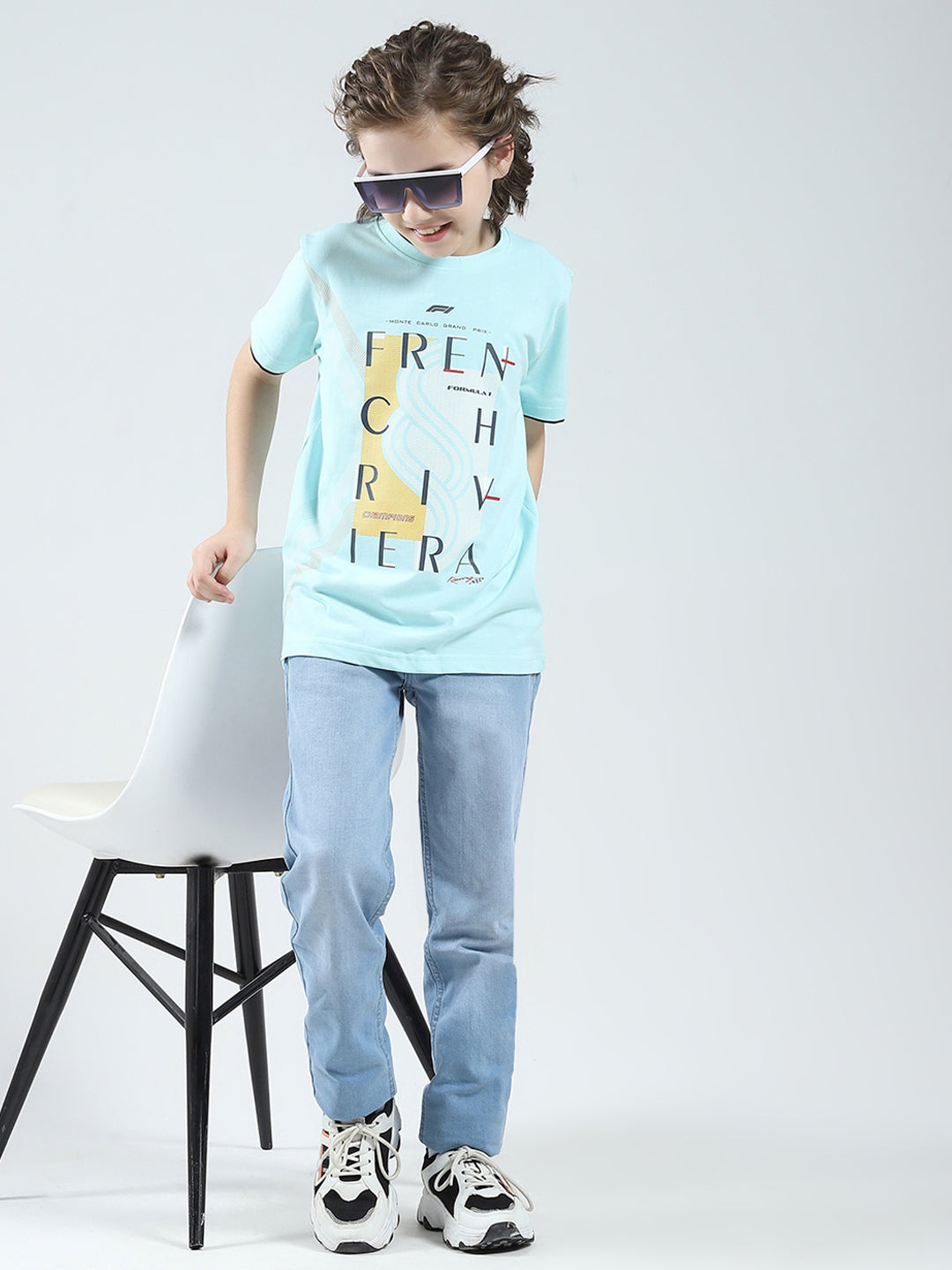 Boys Blue Printed Round Neck Half Sleeve T-Shirt