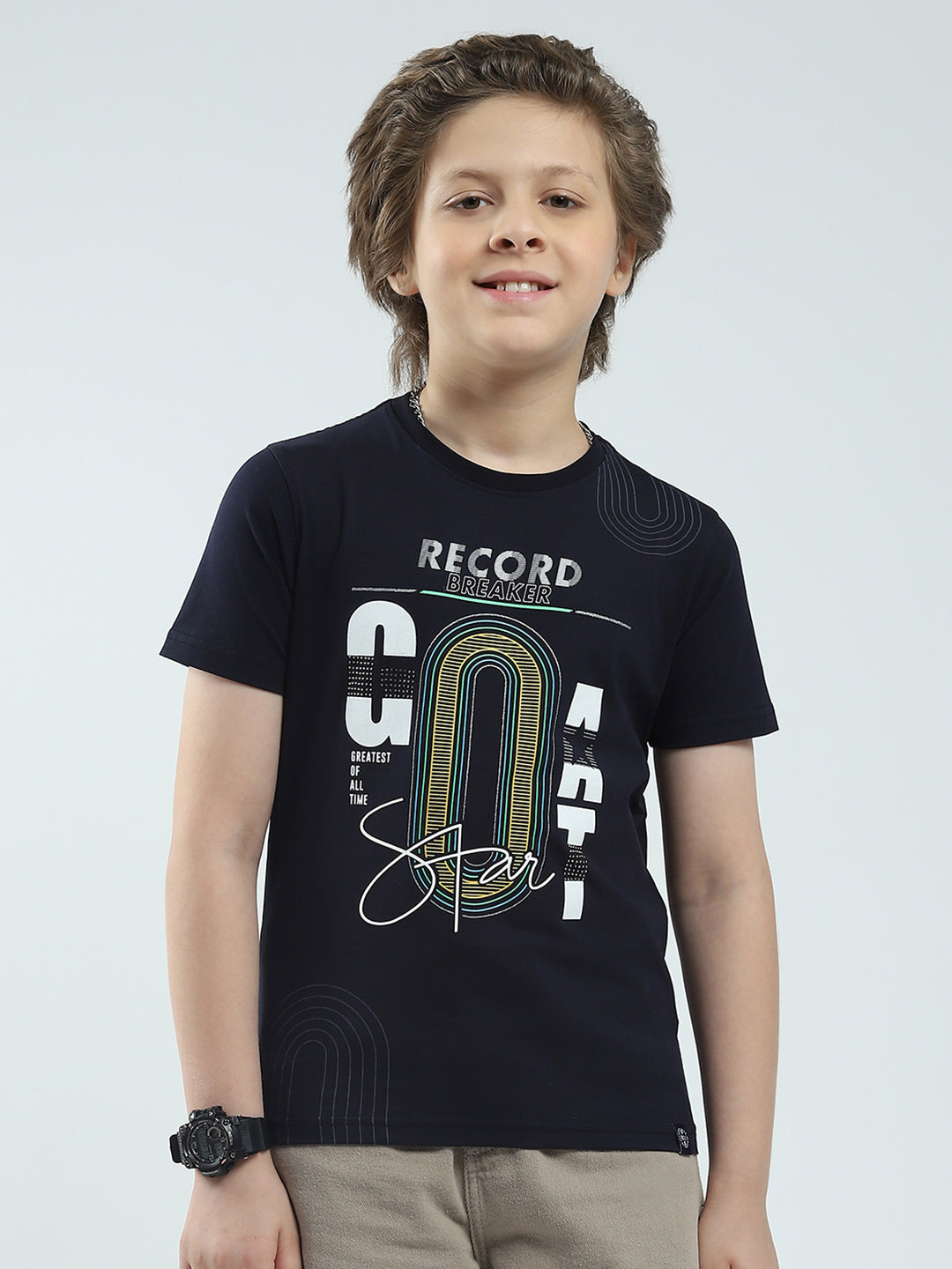 Boys Navy Blue Printed Round Neck Half Sleeve T-Shirt