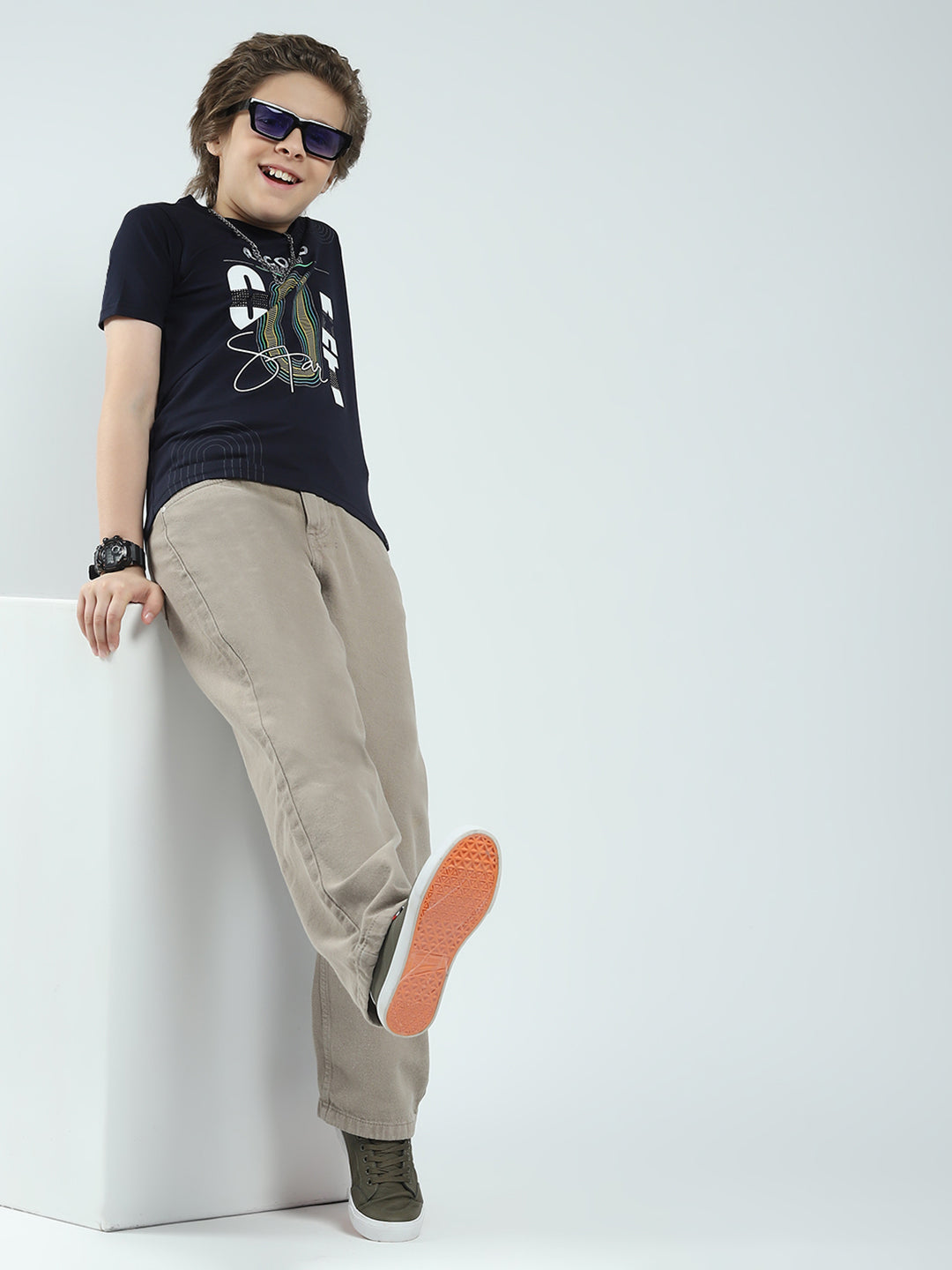 Boys Navy Blue Printed Round Neck Half Sleeve T-Shirt