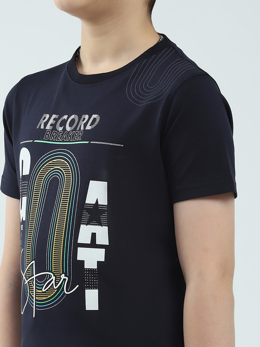 Boys Navy Blue Printed Round Neck Half Sleeve T-Shirt