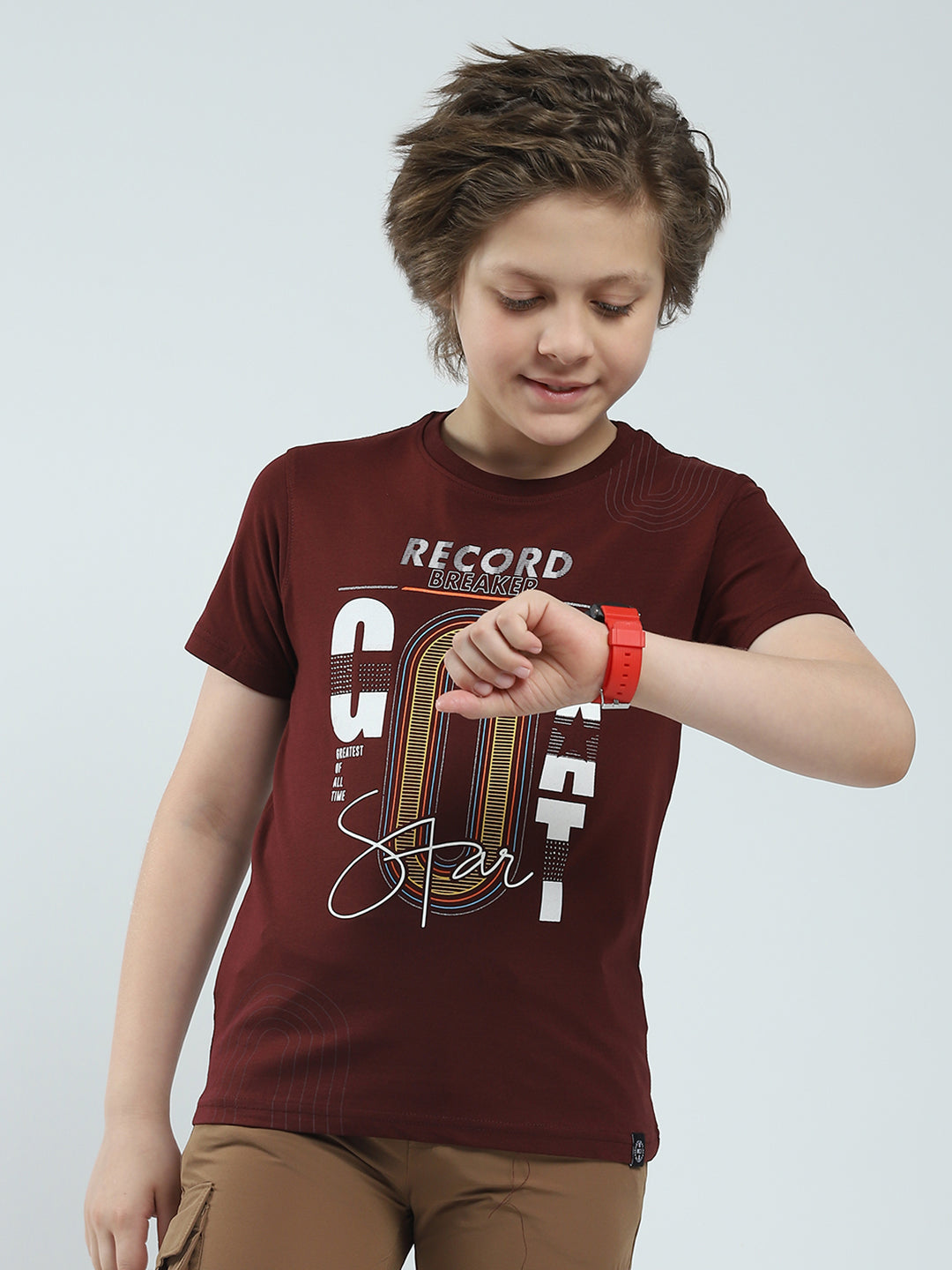 Boys Maroon Printed Round Neck Half Sleeve T-Shirt