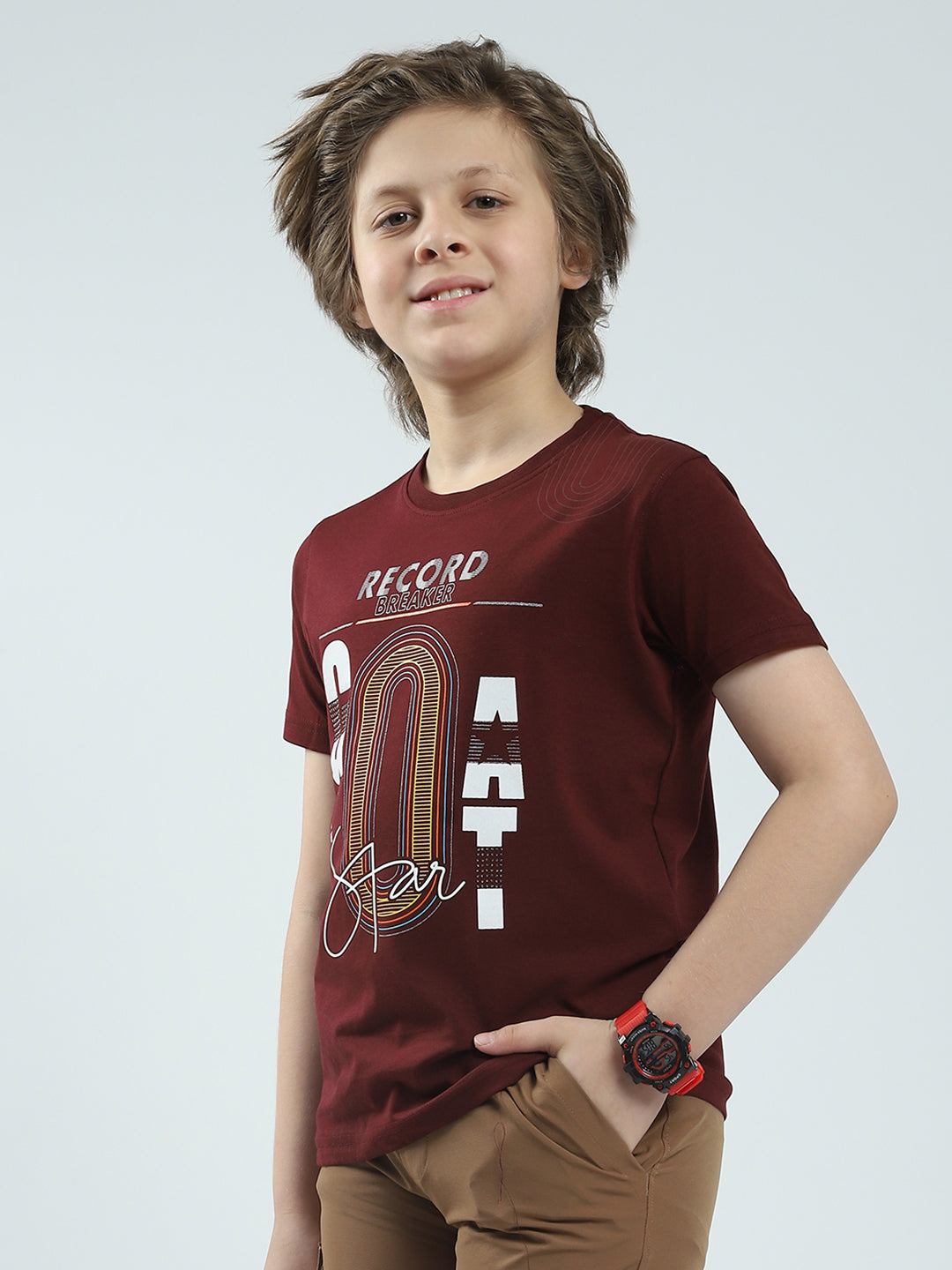 Boys Maroon Printed Round Neck Half Sleeve T-Shirt