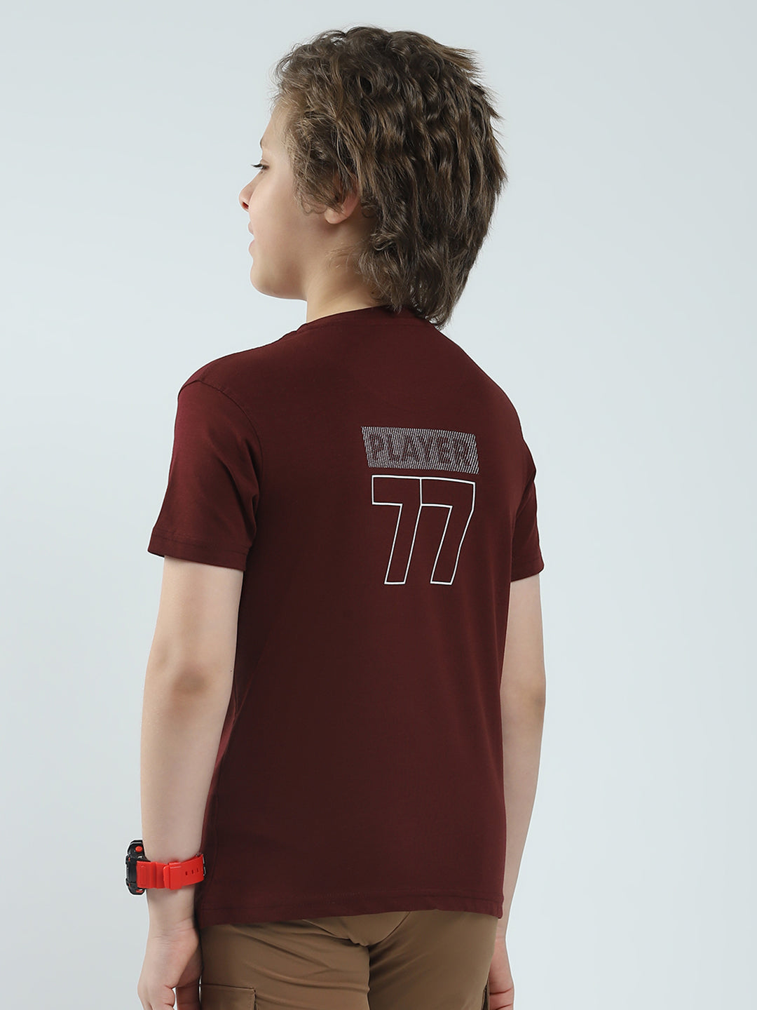 Boys Maroon Printed Round Neck Half Sleeve T-Shirt
