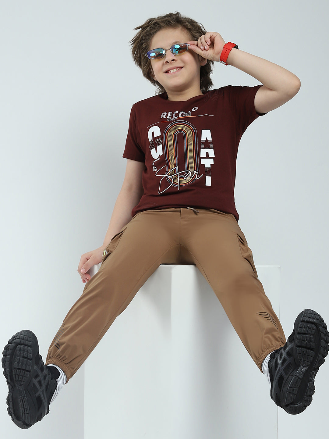 Boys Maroon Printed Round Neck Half Sleeve T-Shirt