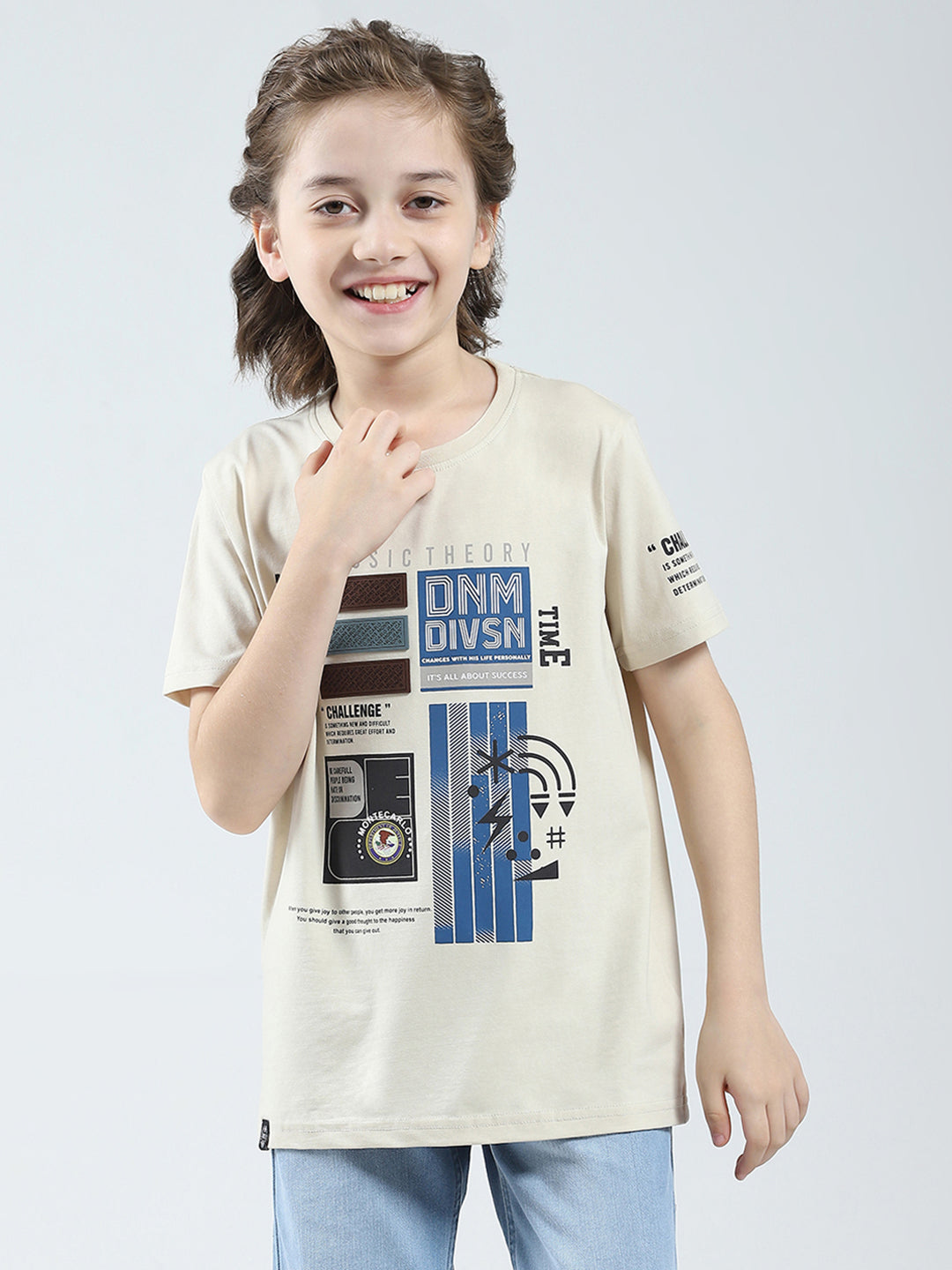 Boys Beige Printed Round Neck Half Sleeve T-Shirt