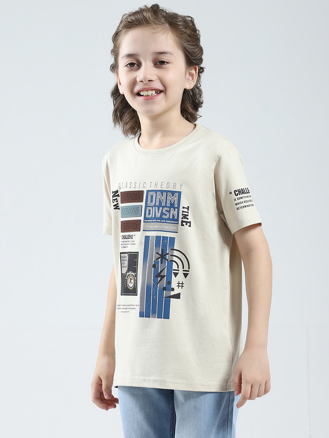 Boys Beige Printed Round Neck Half Sleeve T-Shirt