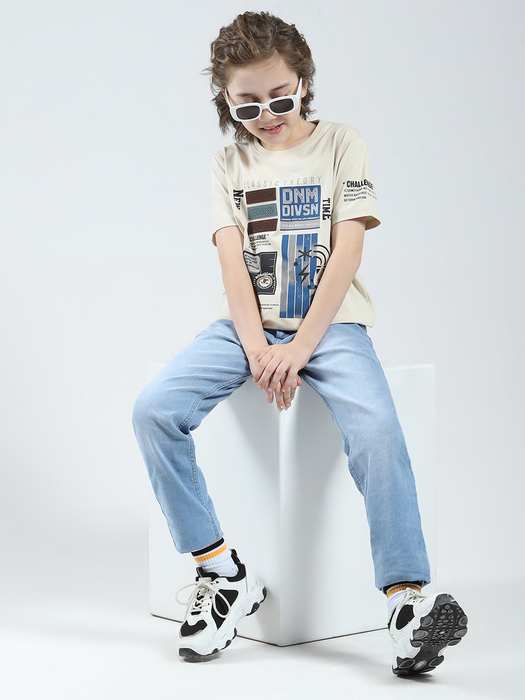 Boys Beige Printed Round Neck Half Sleeve T-Shirt