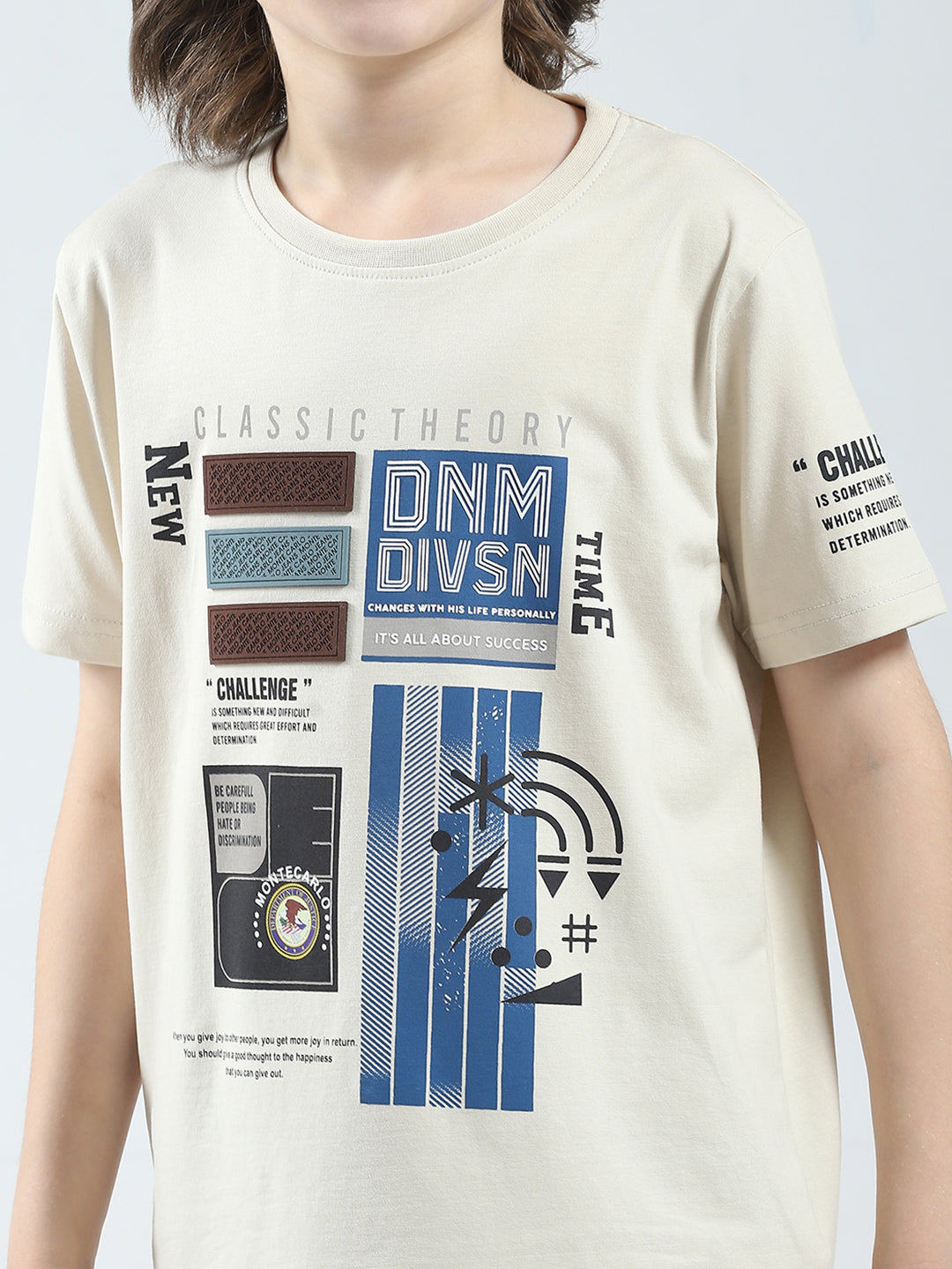 Boys Beige Printed Round Neck Half Sleeve T-Shirt