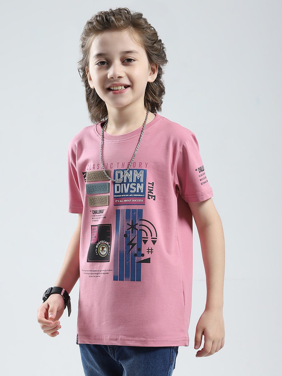 Boys Pink Printed Round Neck Half Sleeve T-Shirt